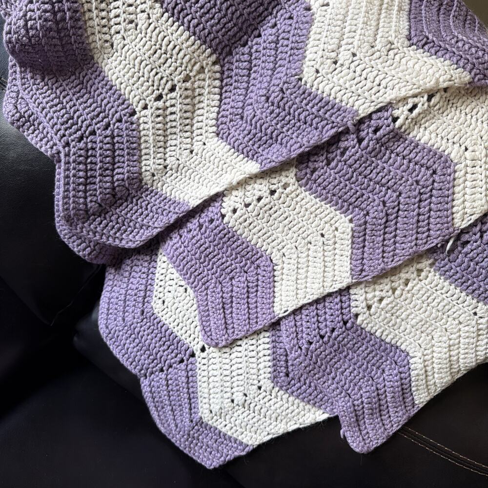 Crochet Chevron Afghan 6’x54” Lavender & Off White 3 Pounds Yarn Blanket Gift